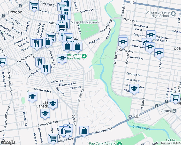 map of restaurants, bars, coffee shops, grocery stores, and more near 626 Briarcliff Road in Delaware County