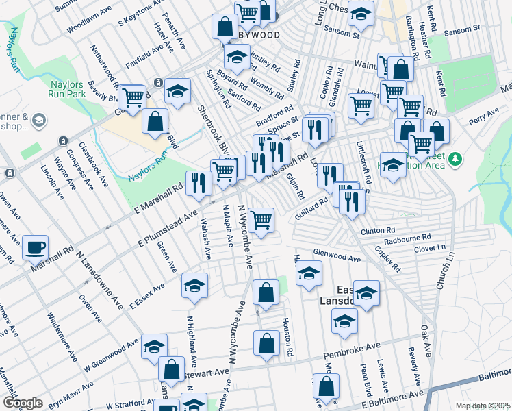 map of restaurants, bars, coffee shops, grocery stores, and more near 275 Sheffield Road in Lansdowne