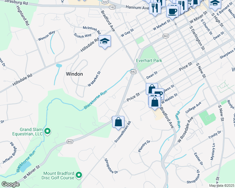 map of restaurants, bars, coffee shops, grocery stores, and more near 712 Mercers Mill Lane in West Chester
