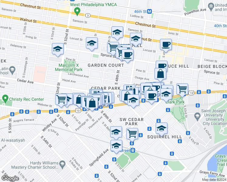 map of restaurants, bars, coffee shops, grocery stores, and more near 548 South 48th Street in Philadelphia