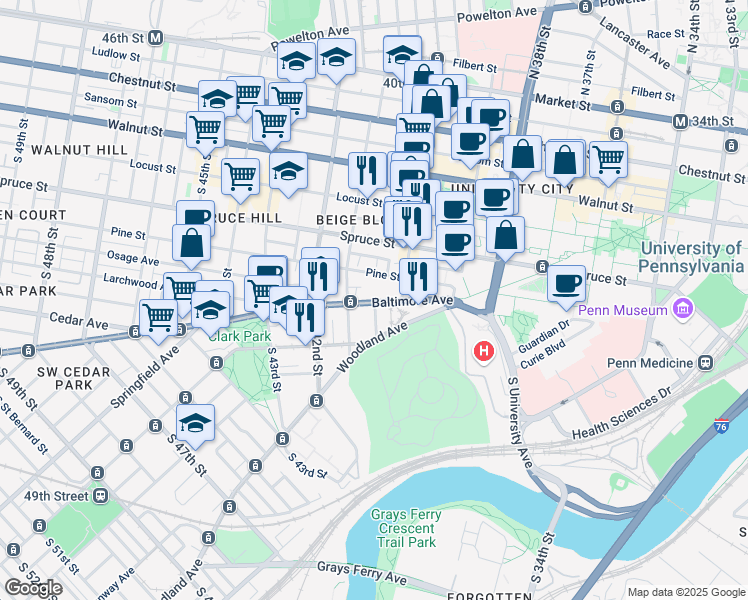 map of restaurants, bars, coffee shops, grocery stores, and more near 4033 Baltimore Avenue in Philadelphia