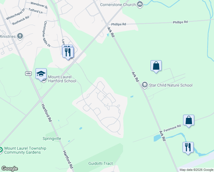 map of restaurants, bars, coffee shops, grocery stores, and more near 707A Harwood Court in Mount Laurel Township