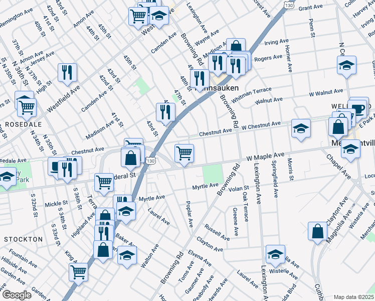 map of restaurants, bars, coffee shops, grocery stores, and more near 20 Euclid Avenue in Merchantville