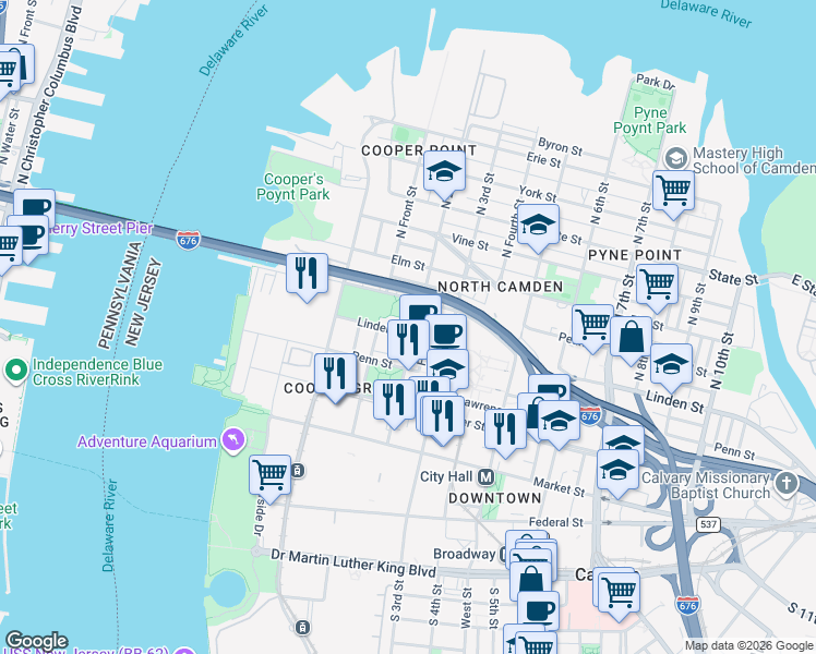 map of restaurants, bars, coffee shops, grocery stores, and more near 317 North 2nd Street in Camden