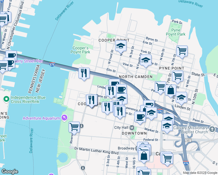 map of restaurants, bars, coffee shops, grocery stores, and more near 317 North 2nd Street in Camden