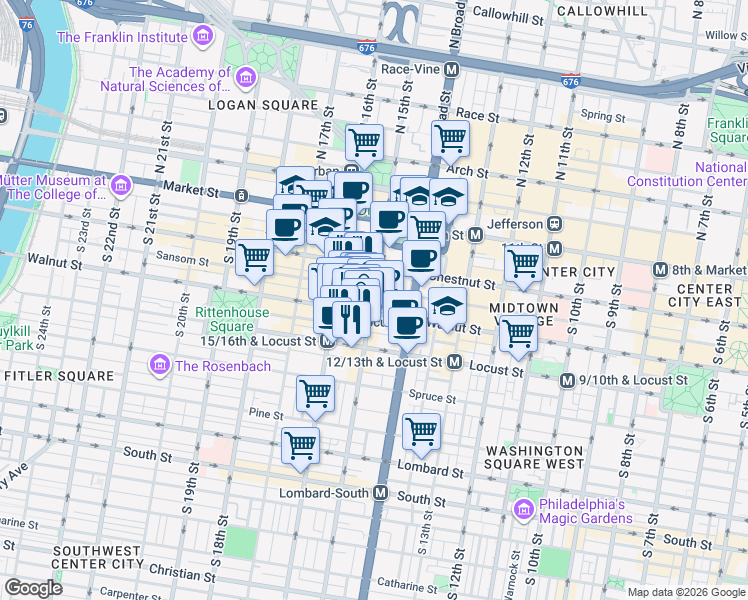 map of restaurants, bars, coffee shops, grocery stores, and more near 1508 Walnut Street in Philadelphia