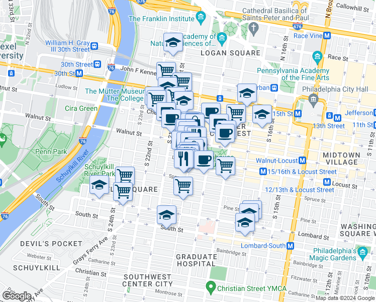 map of restaurants, bars, coffee shops, grocery stores, and more near in Philadelphia