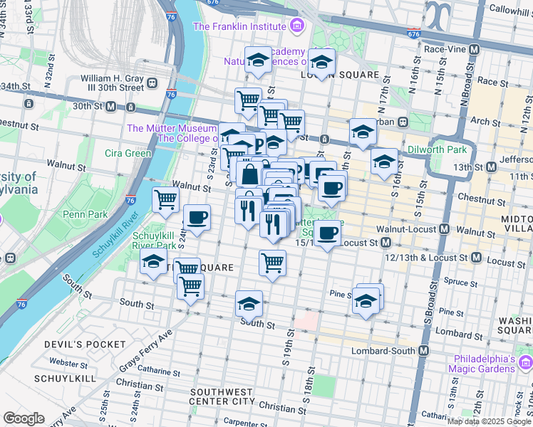 map of restaurants, bars, coffee shops, grocery stores, and more near 2027 Chancellor Street in Philadelphia