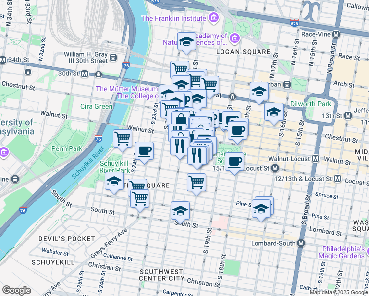 map of restaurants, bars, coffee shops, grocery stores, and more near 235 South 21st Street in Philadelphia
