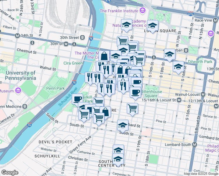 map of restaurants, bars, coffee shops, grocery stores, and more near 2223 Rittenhouse Square in Philadelphia