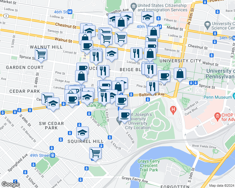 map of restaurants, bars, coffee shops, grocery stores, and more near 505 South 42nd Street in Philadelphia