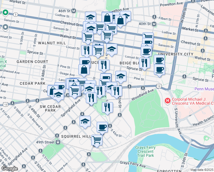 map of restaurants, bars, coffee shops, grocery stores, and more near 4224 Baltimore Avenue in Philadelphia