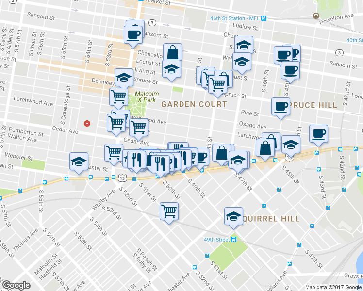 map of restaurants, bars, coffee shops, grocery stores, and more near 4920 Cedar Avenue in Philadelphia