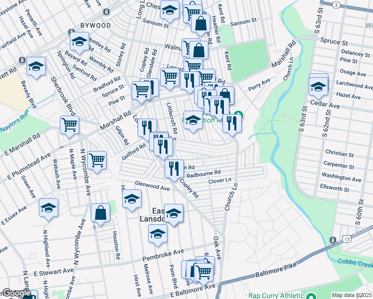 map of restaurants, bars, coffee shops, grocery stores, and more near 7035 Guilford Road in Upper Darby