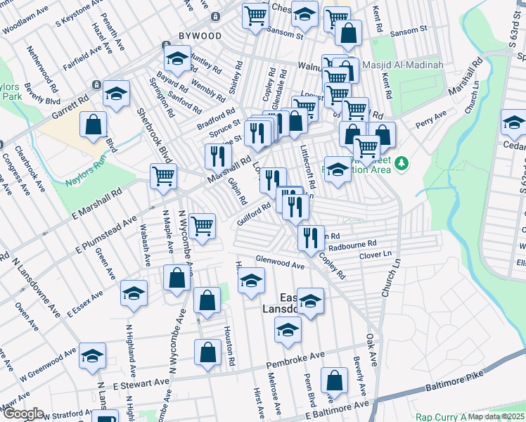 map of restaurants, bars, coffee shops, grocery stores, and more near 430 Croyden Road in Delaware County