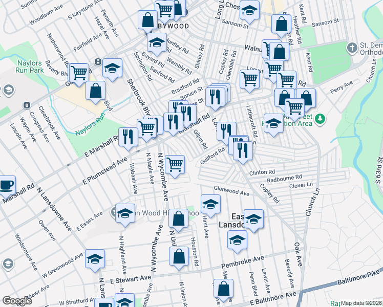 map of restaurants, bars, coffee shops, grocery stores, and more near 83 Springton Road in Upper Darby