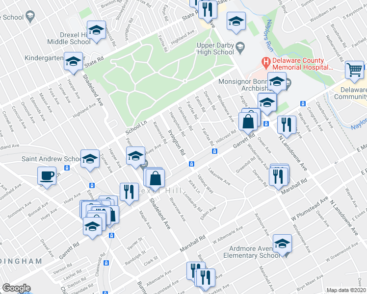 map of restaurants, bars, coffee shops, grocery stores, and more near in Drexel Hill