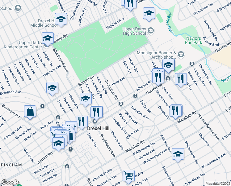 map of restaurants, bars, coffee shops, grocery stores, and more near in Drexel Hill