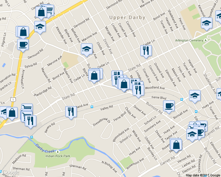 map of restaurants, bars, coffee shops, grocery stores, and more near 715 Belfield Avenue in Drexel Hill