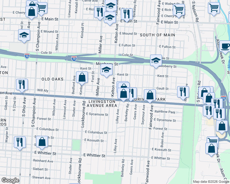 map of restaurants, bars, coffee shops, grocery stores, and more near 1444 East Livingston Avenue in Columbus