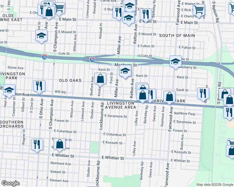map of restaurants, bars, coffee shops, grocery stores, and more near 1390 East Livingston Avenue in Columbus