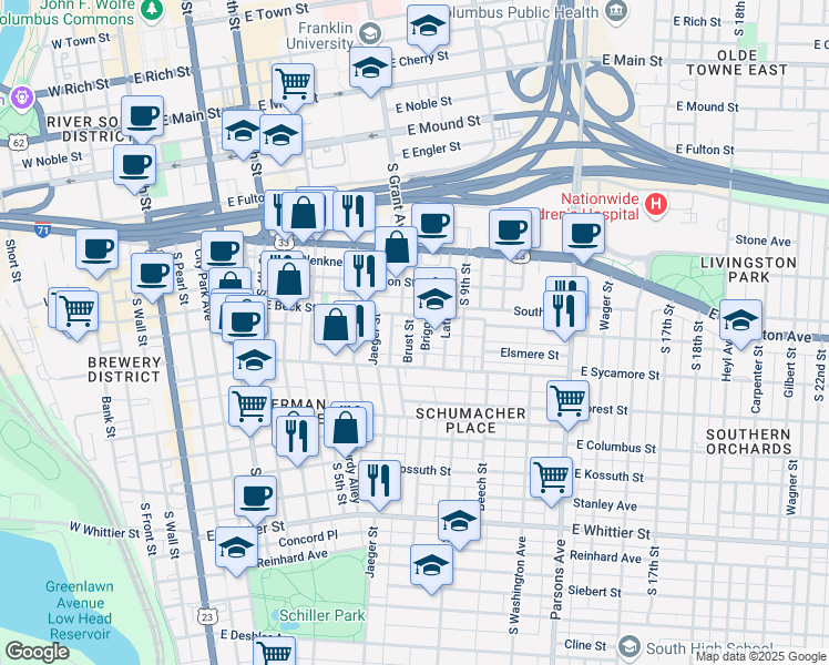 map of restaurants, bars, coffee shops, grocery stores, and more near 663 Brust Street in Columbus