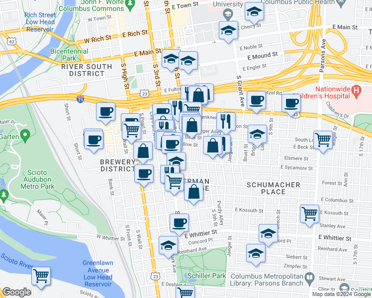 map of restaurants, bars, coffee shops, grocery stores, and more near 640 Mohawk Street in Columbus