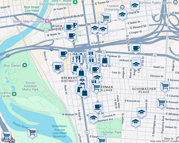 map of restaurants, bars, coffee shops, grocery stores, and more near 600 South Pearl Street in Columbus
