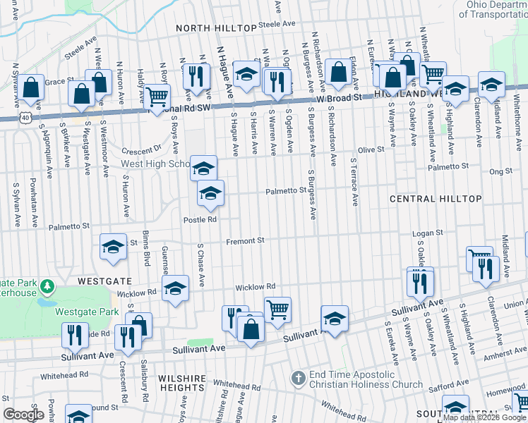 map of restaurants, bars, coffee shops, grocery stores, and more near 265 South Warren Avenue in Columbus