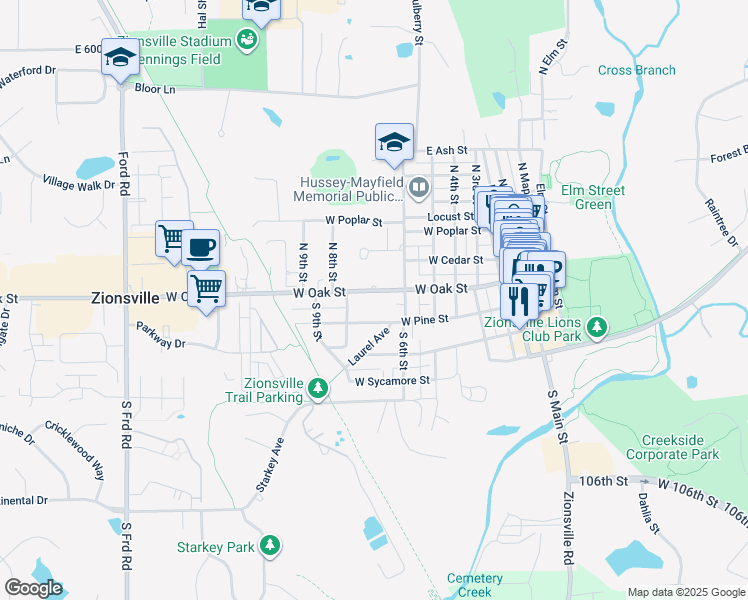 map of restaurants, bars, coffee shops, grocery stores, and more near 720 West Pine Street in Zionsville