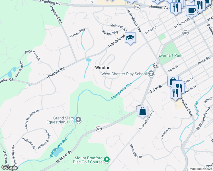 map of restaurants, bars, coffee shops, grocery stores, and more near 128 Whispering Oaks Drive in West Chester