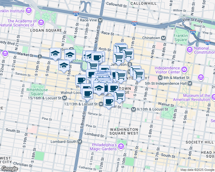 map of restaurants, bars, coffee shops, grocery stores, and more near 1213 Walnut Street in Philadelphia