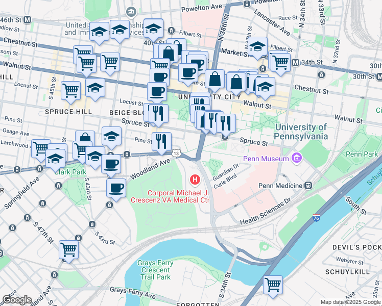 map of restaurants, bars, coffee shops, grocery stores, and more near 401 South University Avenue in Philadelphia