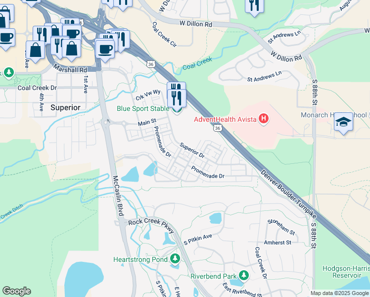 map of restaurants, bars, coffee shops, grocery stores, and more near 2320 Village Green Way in Superior