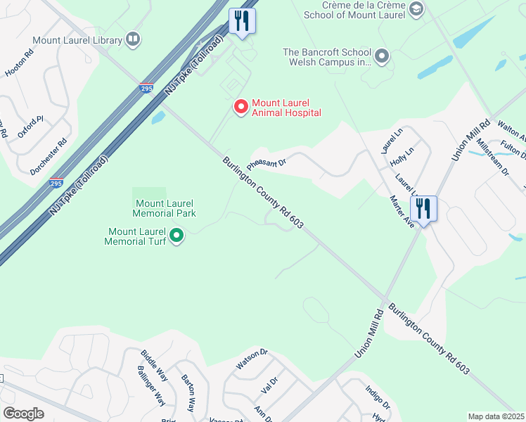 map of restaurants, bars, coffee shops, grocery stores, and more near 19 Chapel Hill Road in Mount Laurel Township