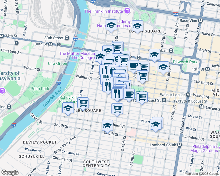 map of restaurants, bars, coffee shops, grocery stores, and more near 235 South 21st Street in Philadelphia