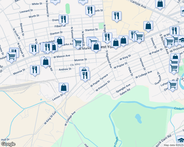 map of restaurants, bars, coffee shops, grocery stores, and more near 1543 West King Street in York