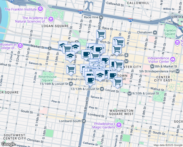 map of restaurants, bars, coffee shops, grocery stores, and more near 123 South Broad Street in Philadelphia