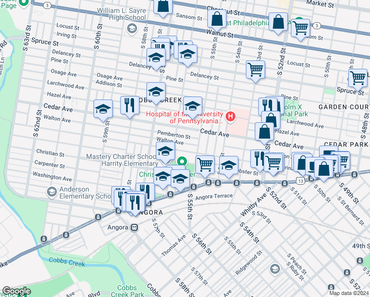 map of restaurants, bars, coffee shops, grocery stores, and more near 5537 Catharine Street in Philadelphia