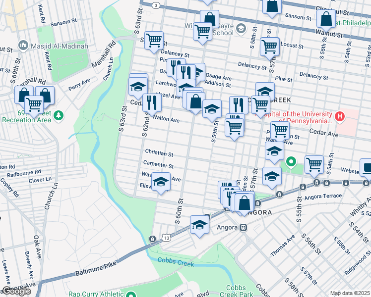 map of restaurants, bars, coffee shops, grocery stores, and more near 755 South 60th Street in Philadelphia
