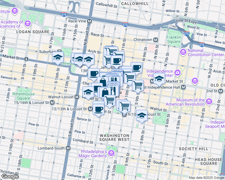 map of restaurants, bars, coffee shops, grocery stores, and more near 111 South 11th Street in Philadelphia