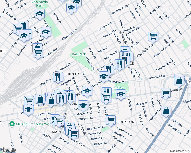 map of restaurants, bars, coffee shops, grocery stores, and more near 3010 Cramer Street in Camden