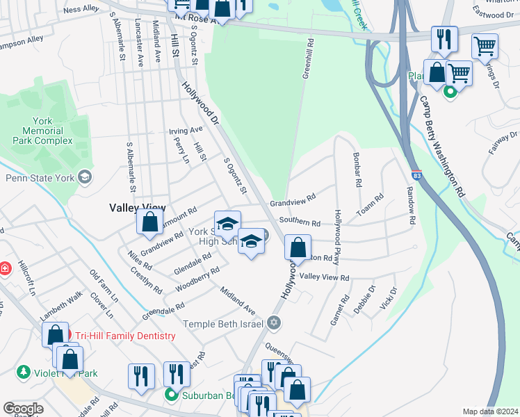 map of restaurants, bars, coffee shops, grocery stores, and more near 984 Grandview Road in York