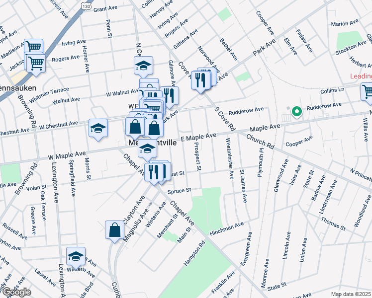 map of restaurants, bars, coffee shops, grocery stores, and more near 107 Woodlawn Avenue in Merchantville