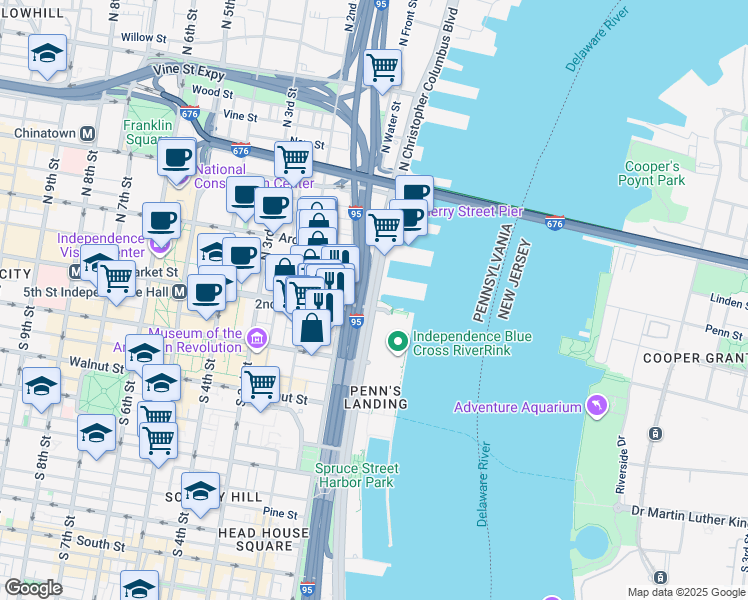 map of restaurants, bars, coffee shops, grocery stores, and more near 7 North Christopher Columbus Boulevard in Philadelphia