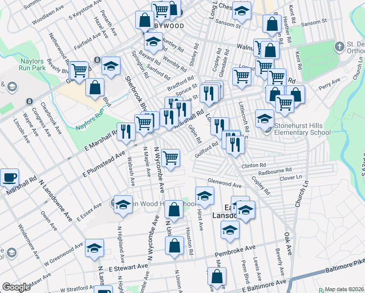 map of restaurants, bars, coffee shops, grocery stores, and more near 22 Springton Road in Delaware County