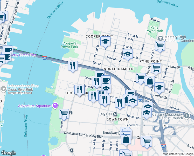 map of restaurants, bars, coffee shops, grocery stores, and more near 317 North 2nd Street in Camden