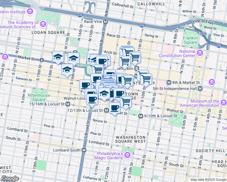 map of restaurants, bars, coffee shops, grocery stores, and more near 1213 Walnut Street in Philadelphia