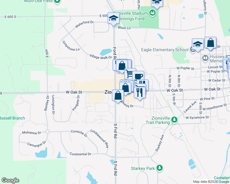 map of restaurants, bars, coffee shops, grocery stores, and more near in Zionsville