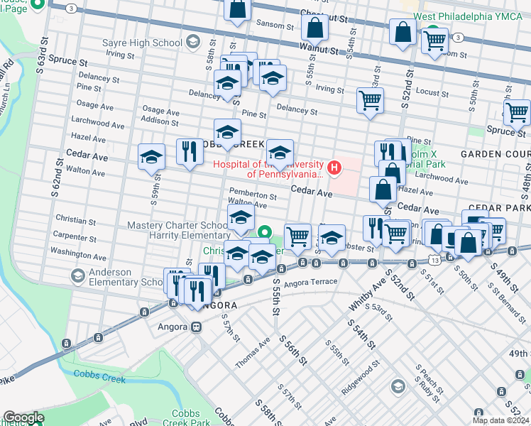 map of restaurants, bars, coffee shops, grocery stores, and more near 5541 Catharine Street in Philadelphia